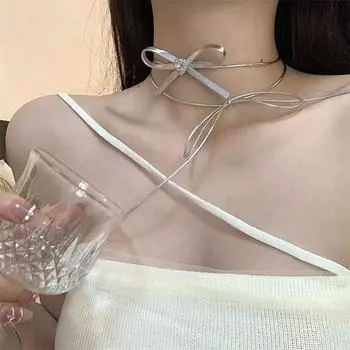 Y2K Spicy Girls розовое сердце циркон ожерелье женский уникальный дизайн кожа серебряный цвет бант ключица цепочка аксессуары