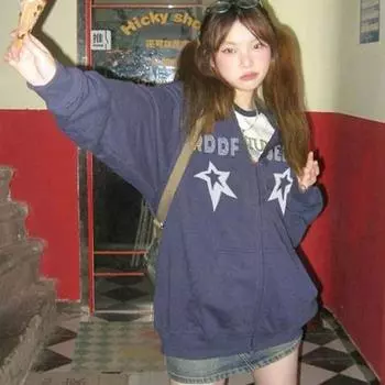 Y2K Star American куртка женская свободная готическая уличная одежда пальто винтажная с длинным рукавом повседневная Bf Harajuku топы M темно-синий