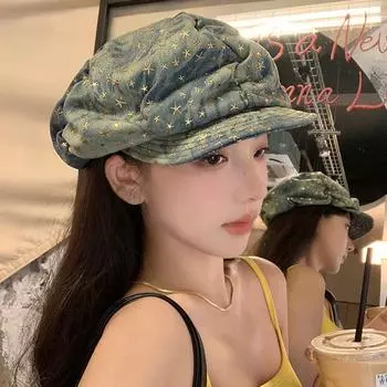 y2k star большой обхват головы джинсовый берет женский весенние и осенние модели делают старую шляпу облако универсальная восьмиугольная шляпа прилив M56—58cm