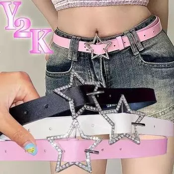 Y2K Star Buckle Belt Pink Leather Elastic Beading Decorationed Belt Sparkling Rhinestone Retro Wedding Decoration Accessories розовый