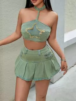 Y2K Street 2 шт. необработанный край узор звезды спинки труба халтер джинсовый топ и молния декор плиссированный подол джинсовая мини-юбка праздничные наряды для вечеринок S eton синий