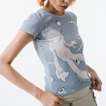 Y2K Street Basic морской аниме с принтом круглый вырез облегающая футболка с короткими рукавами Топ Лето S