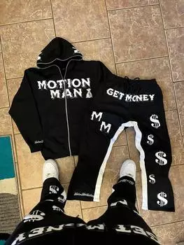 Y2K Street Europe Hip Hop Set Свободный комплект из двух предметов с капюшоном на молнии, брюки с высокой талией, толстовка с капюшоном, спортивная одежда S красный