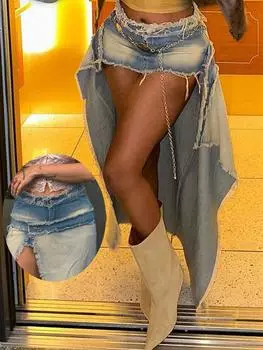 Y2K Street Retro Edge Washed Frayed Rowed Aymmetric Hem Двусторонняя узкая джинсовая юбка Мини-юбка из денима на пуговицах Наряд для горячей девушки на фестивале XS синий