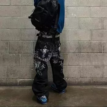 Y2k Street Высокая талия Готический Череп Геометрия Мужские джинсы Американские ретро хип-хоп мода Пара Прямые свободные брюки S