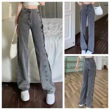 Y2K Street женские джинсы брюки американские с высокой талией на шнуровке шикарные женские повседневные брюки корейские винтажные женские широкие брюки S серый