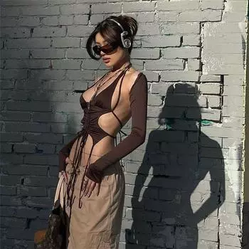 Y2k Streetwear 2 шт. Длинный рукав халтер укороченный топ сексуальные модные нерегулярные спинки женские футболки эстетичные S чёрный