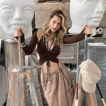 Y2k Streetwear 2 шт. Длинный рукав халтер укороченный топ сексуальные модные нерегулярные спинки женские футболки эстетичные S чёрный