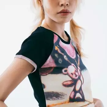 Y2K Streetwear футболка с контрастным принтом длиной до плеч, короткими рукавами и круглым вырезом для весны и лета, американский топ для горячих девушек M чёрный