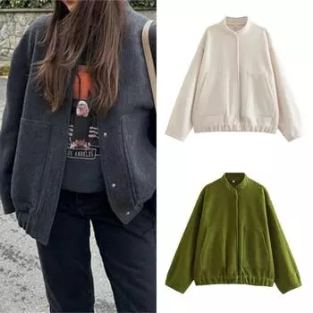 Y2K свободные куртки-бомберы женские осенне-зимние повседневные махровые топы с карманами и длинными рукавами модная уличная одежда шикарное женское бейсбольное пальто S белый