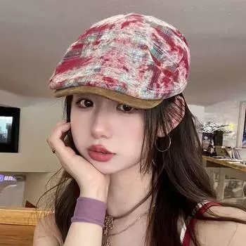 y2k тай-дай красная клетчатая шапка-ушанка детская 2024 новый ретро универсальный берет с утиным языком M56-58cm