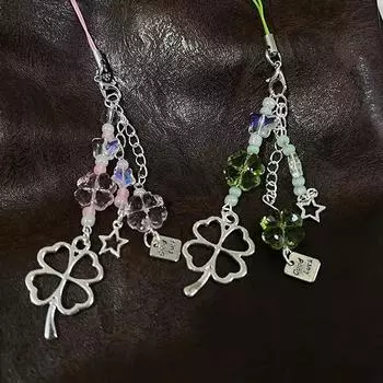 Y2K Trendy Lucky Grass Star Bear Phone Charms Sweet Four-Left Clover Bisin Keychain Bag Cushion Decoration For Women Girls Gift A7