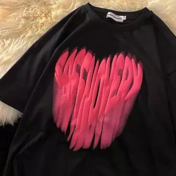 Y2K Уличная одежда из пенопласта с принтом Love Pattern, черная футболка с короткими рукавами и круглым вырезом в стиле ретро, милый летний модный топ Kawaii XL