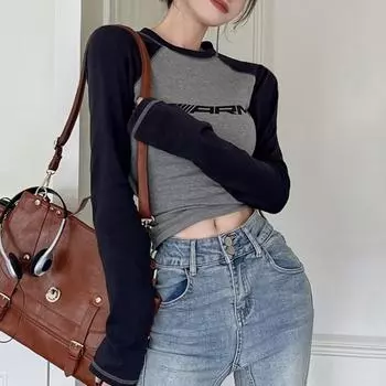Y2k Уличная одежда, облегающие футболки, женские винтажные корейские модные повседневные топы, женская футболка с надписью, американские ретро футболки с длинными рукавами S серый
