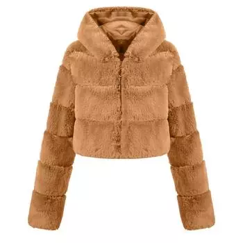 Y2k Уличная одежда Женская Осень Зима Пальто из искусственного меха С капюшоном Укороченная куртка Меховое пальто С длинным рукавом Кардиган Мягкие топы Винтаж Харадзюку S света загар