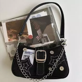 Y2K Underarm Bag Canvas Crescent Bag Fashion Stars Denim Shoulder Bag Daily синий