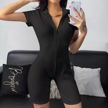 Y2K Весенний облегающий сексуальный однотонный комбинезон на молнии с полуоткрытым вырезом и V-образным вырезом с короткими рукавами M белый