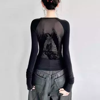 Y2K Весенняя рубашка с принтом ангела в американском стиле Spicy Girl, женская дизайнерская облегающая черная футболка в стиле Instagram S чёрный