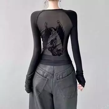Y2K Весенняя рубашка с принтом ангела в американском стиле Spicy Girl, женская дизайнерская облегающая черная футболка в стиле Instagram S чёрный