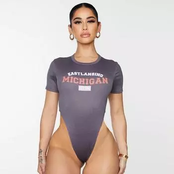 Y2K Весна/Лето женский сексуальный облегающий комбинезон с контрастным принтом и круглым вырезом S серый