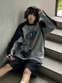 Y2K Vintage футболка с длинным рукавом женская уличная одежда Harajuku серый пуловер толстовки свободного покроя ретро лоскутное принт футболки S серый