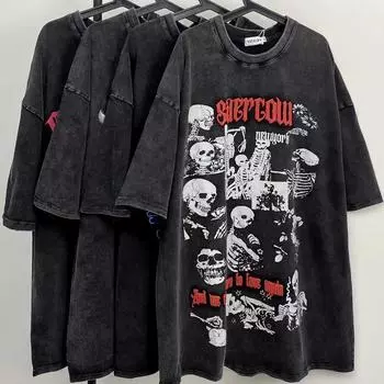 Y2K Vintage Gothic Skull Graphic Print Футболка женская свободного покроя из чистого хлопка с коротким рукавом, уличная женская укороченная футболка S чёрный