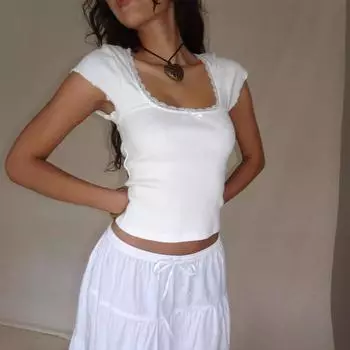 Y2k Винтажная детская футболка с кружевной отделкой, вязаная футболка, летняя футболка с квадратным вырезом и короткими рукавами, женский белый укороченный топ доярки S чёрный