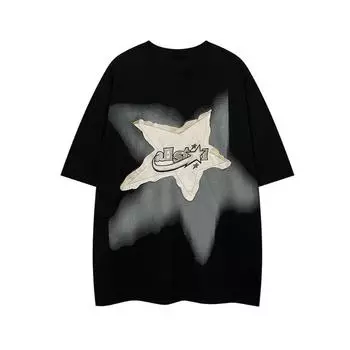 Y2K Винтажная футболка с черной звездой, женская уличная одежда, белые футболки в стиле 90-х в стиле гранж, большие размеры в стиле Харадзюку, ретро хип-хоп, футболка с круглым вырезом S чёрный