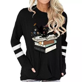 Y2K Винтажные футболки для любителей книг в уличном стиле для женщин, забавные футболки с принтом «Кошка с книгами», модные хлопковые женские топы с длинным рукавом, футболки S