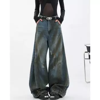 Y2K Винтажные свободные джинсы с высокой талией Брюки Уличная одежда Лето 2024 г. Женские широкие мешковатые рваные джинсовые брюки e-girl Fairycore 2000s Grunge S синий