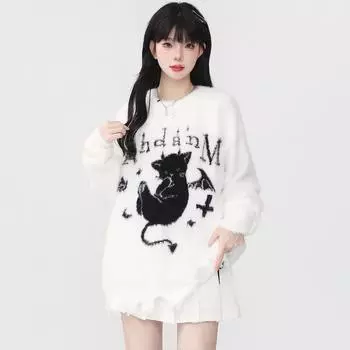 Y2K Вязание женские пуловеры с длинными рукавами осень-зима женские повседневные белые джемперы корейский кот с мультяшным принтом свитер с круглым вырезом S белый