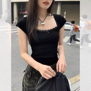 Y2k винтажная детская футболка с кружевной отделкой, вязаная футболка, летняя футболка с квадратным вырезом и короткими рукавами, женский белый укороченный топ доярки S чёрный