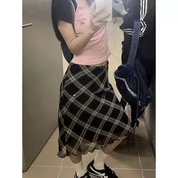 Y2k винтажная клетчатая юбка женская, лето 2024, корейский стиль, повседневная сетчатая юбка с высокой талией и высокой талией, тонкая юбка-миди для девочек, уличная одежда 90-х годов S чёрный