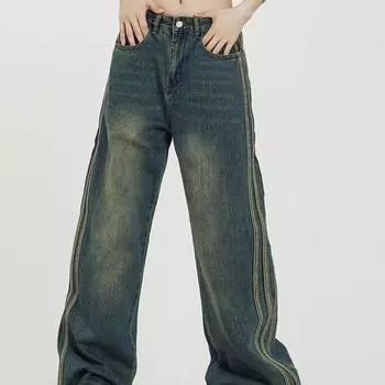 Y2K винтажная уличная одежда с высокой талией, стильные синие джинсы, брюки, корейская мода, женские широкие полосатые джинсовые брюки, женская одежда S