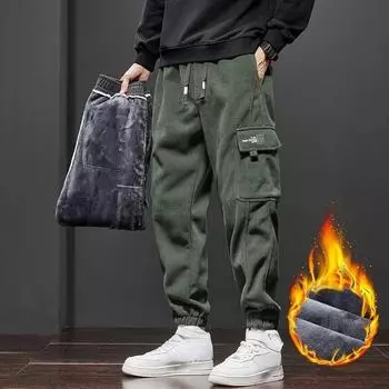 Y2k винтажные мешковатые брюки, зимние утепленные теплые брюки для мужчин, флисовые брюки-карго длиной до щиколотки, шаровары, брюки большого размера 2XL чёрный