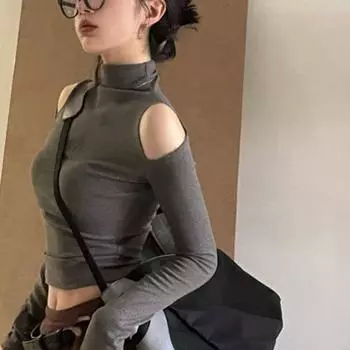 Y2K винтажные однотонные футболки с высоким воротником женские готические сексуальные тонкие укороченные топы элегантные футболки с длинными рукавами и длинными рукавами Осень 2023 S чёрный