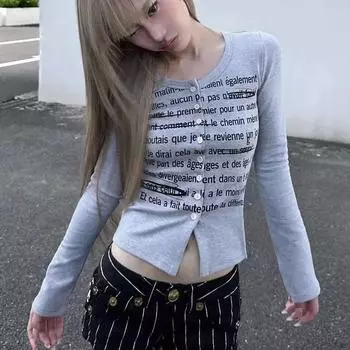 Y2K винтажные серые футболки с длинными рукавами женские Harajuku гранж футболки с буквенным принтом Fairycore тонкий укороченный топ корейская уличная одежда S серый