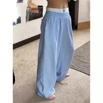 Y2k винтажные синие полосатые брюки, мешковатые повседневные брюки большого размера в Корейском стиле, женские брюки с широкими штанинами в стиле Харадзюку, лето M синий