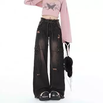 Y2K винтажные свободные джинсы в стиле Харадзюку с высокой талией, корейские модные женские джинсовые брюки большого размера в стиле гранж, женская одежда XL чёрный