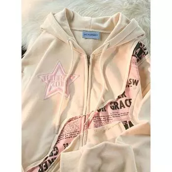 Y2K винтажные толстовки на молнии женские Harajuku хип-хоп свитшоты с буквенным принтом Готическая уличная одежда свободные лоскутные топы пальто S бежевый