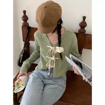 Y2k винтажные вязаные кардиганы куртки для женщин 2024 Ropa Mujer корейская мода Pull Femme V-образный вырез сладкий бант укороченный свитер топы S розовый