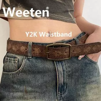 Y2K винтажный пояс в стиле панк для женщин, широкий металлический пояс для платья, юбки, украшения для одежды коричневый