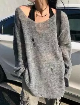 Y2K винтажный серый вязаный свитер женский Harajuku ретро джемпер большого размера ажурный свободный пуловер Топ хип-хоп корейский гот S серый