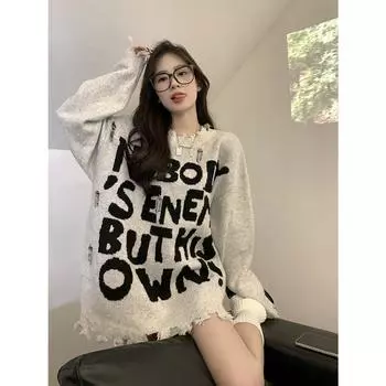 Y2K винтажный свитер оверсайз женский Harajuku Kpop ажурный вязаный пуловер уличная одежда в стиле ретро свободный повседневный джемпер топы S серый