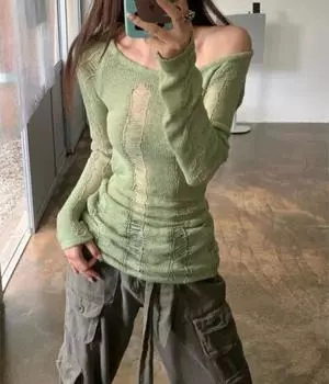 Y2K винтажный зеленый ажурный вязаный свитер женский Harajuku сексуальный тонкий пуловер с открытой спиной модный повседневный тонкий джемпер топы M зелёный