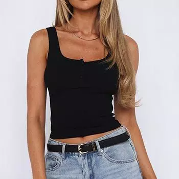 Y2K Women Summer Strap Button Square Collar Solid Color Causal Slim Fit Vest Crop Top S