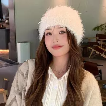 Y2K вязаная шапка-пуловер, цветная шапка без полей, универсальная шерстяная шапка с жемчугом и бантом для девочек белый