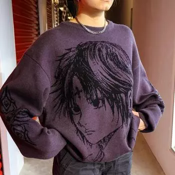 Y2K вязаный аниме свободный жаккардовый свитер одежда для мужчин и женщин M