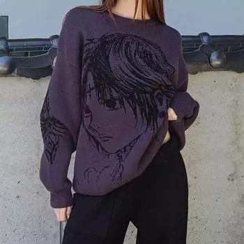 Y2K вязаный аниме свободный жаккардовый свитер одежда для мужчин и женщин M