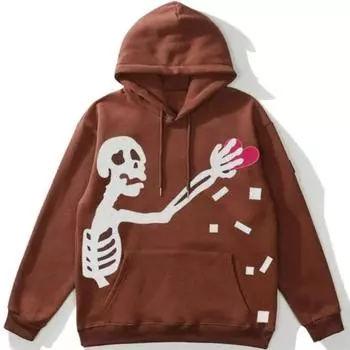 Y2K вышитый скелет головы темный забавный пуловер со скелетом Love Patch ткань мужской свитер с капюшоном на шнурке женская свободная толстовка M светло-коричневого